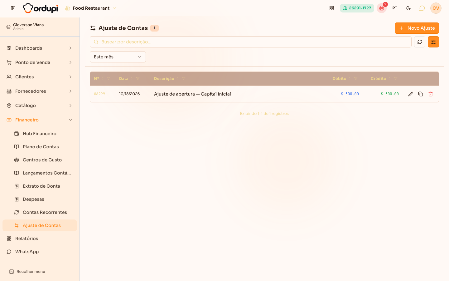 Lista de ajustes de contas do período