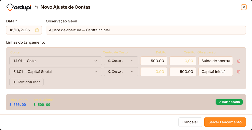 Novo ajuste pré-preenchido a partir de um lançamento existente