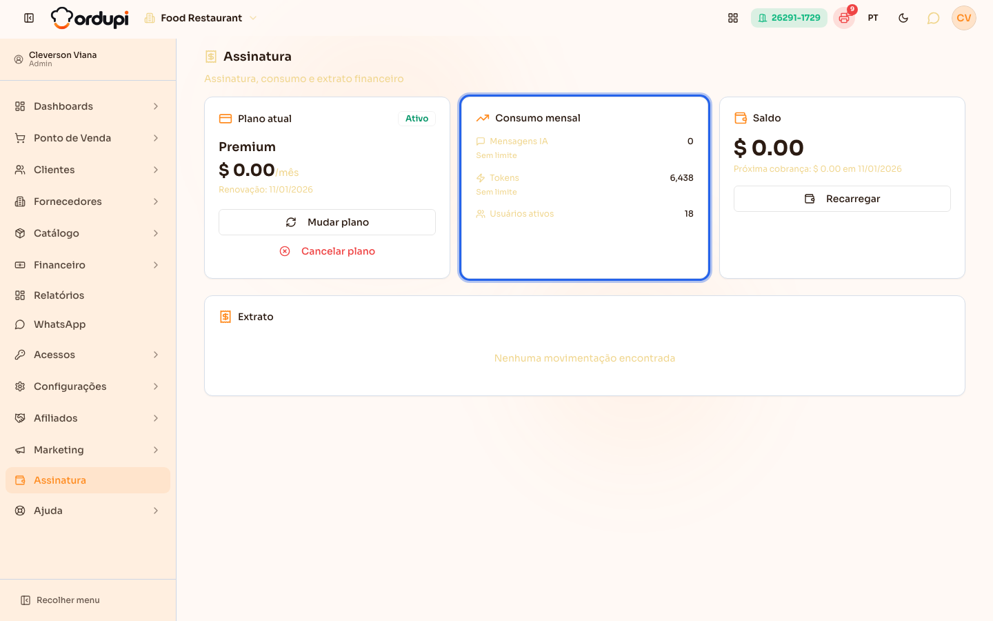 Tela Assinatura com o cartão Consumo mensal destacado: mensagens de IA, tokens e usuários ativos