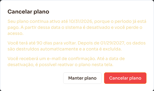 Aviso de cancelamento com a data até quando o plano continua ativo e o prazo de 90 dias para voltar
