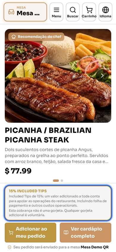 Cardápio digital aberto pelo QR Code da mesa