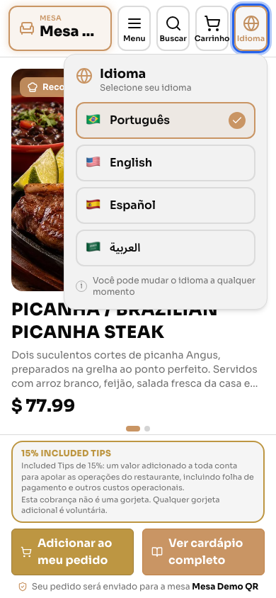 Botão Idioma aberto, com os idiomas do cardápio