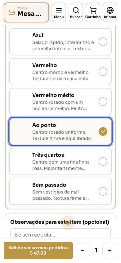 Detalhe do prato com o ponto da carne escolhido
