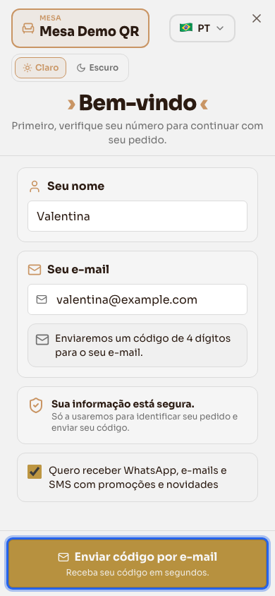 Bem-vindo: nome e e-mail do cliente antes do primeiro pedido
