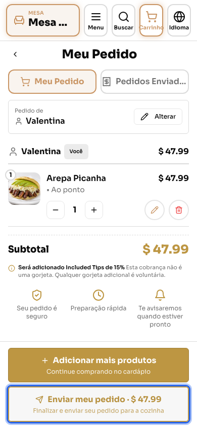 Meu Pedido com o prato escolhido e o botão de enviar