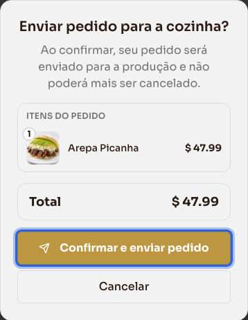 Confirmação do envio do pedido para a cozinha