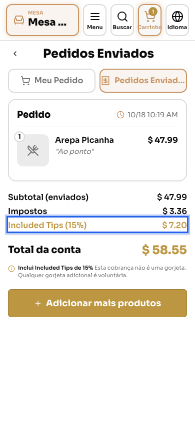 Conta da mesa: pedido enviado, taxa de serviço e total