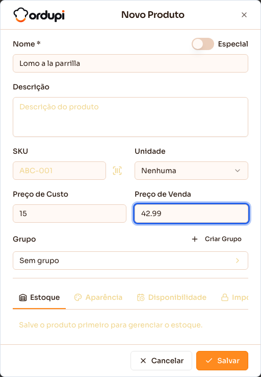 Cadastro de um novo prato, com nome e preços preenchidos