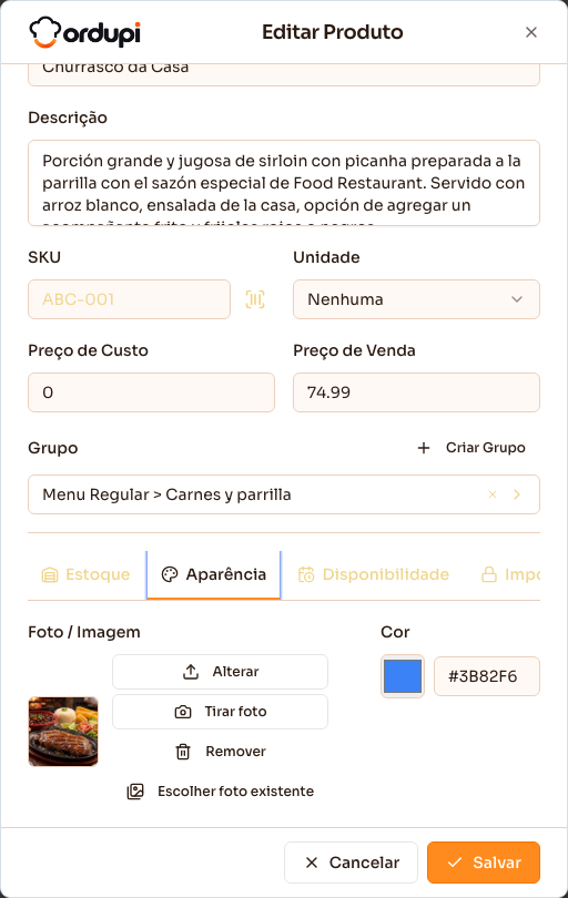 Aba Aparência de um prato, com a foto e a cor