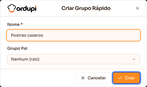 Diálogo de criar grupo rápido, com o nome preenchido