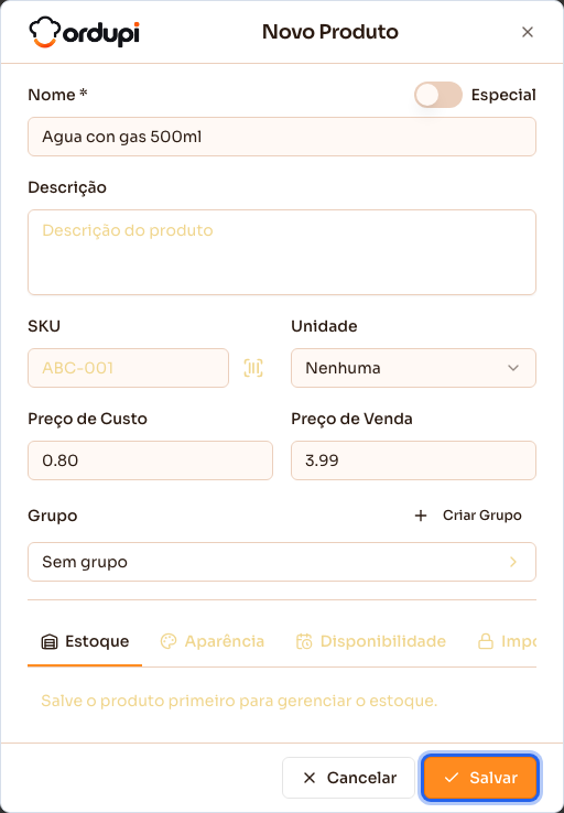 Cadastro de um novo produto, com a aba Estoque pedindo para salvar primeiro