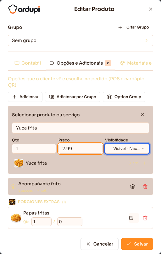 Aba Opções e Adicionais, com um acompanhamento já vinculado e o seletor aberto para incluir outra