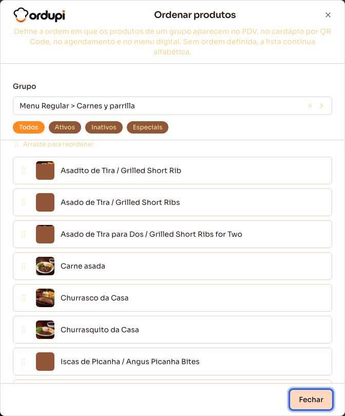 Diálogo de ordenar os produtos dentro de um grupo