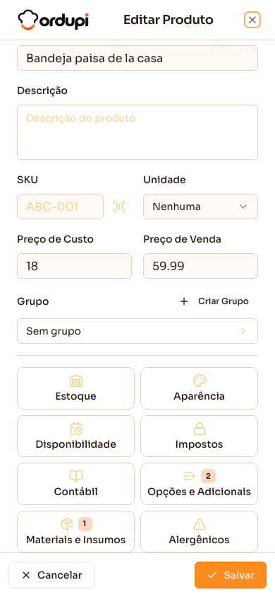 Cadastro do prato no celular, com as abas em forma de botões