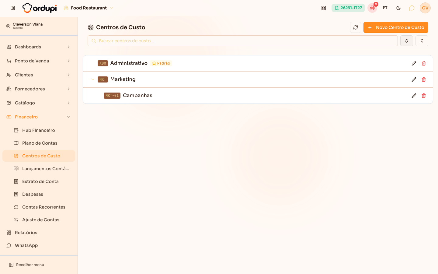 Lista de centros de custo, com hierarquia e o selo de Padrão
