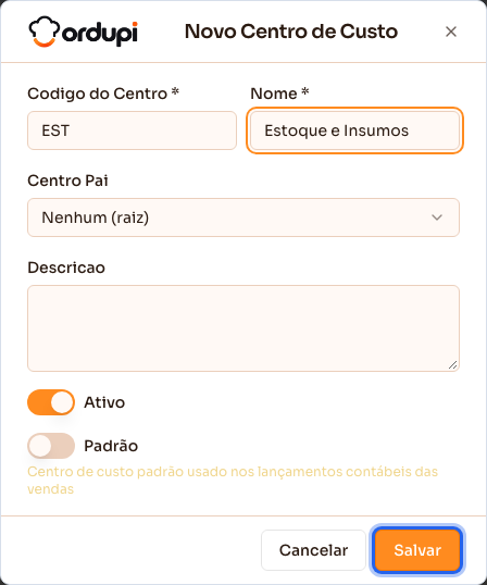 Formulário de novo centro de custo preenchido, pronto para salvar