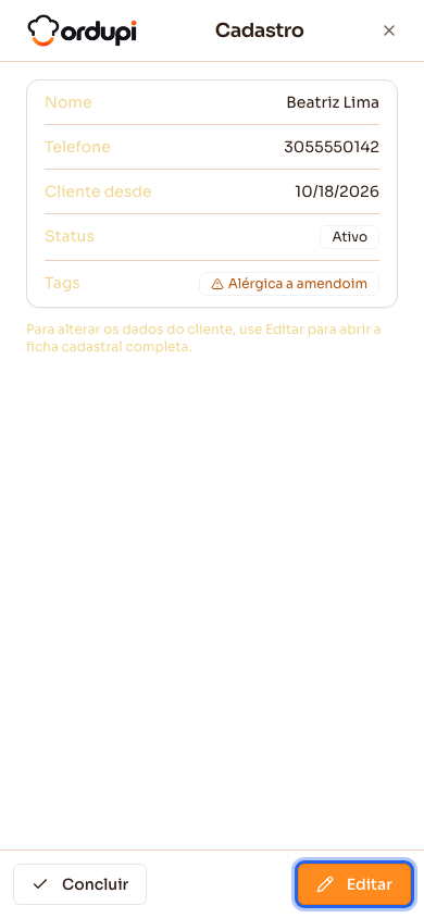 Resumo do Cliente no celular, com a aba Cadastro aberta e os botões Concluir e Editar