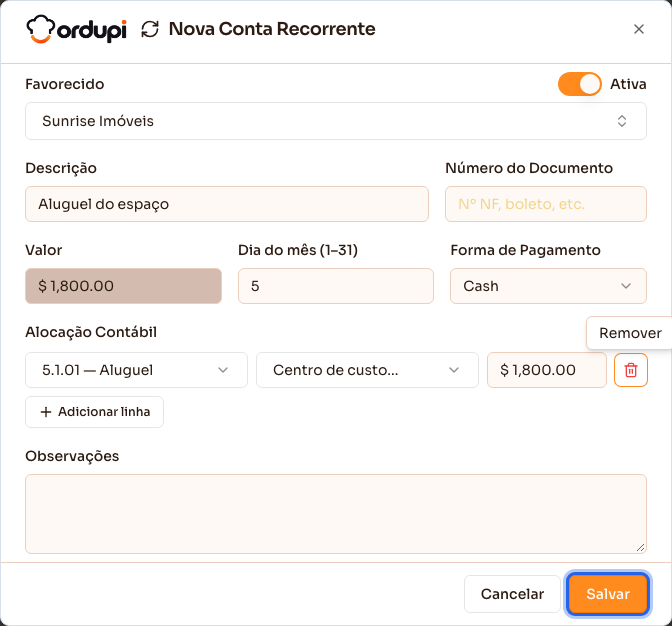Nova conta recorrente preenchida, com a alocação contábil definindo o valor