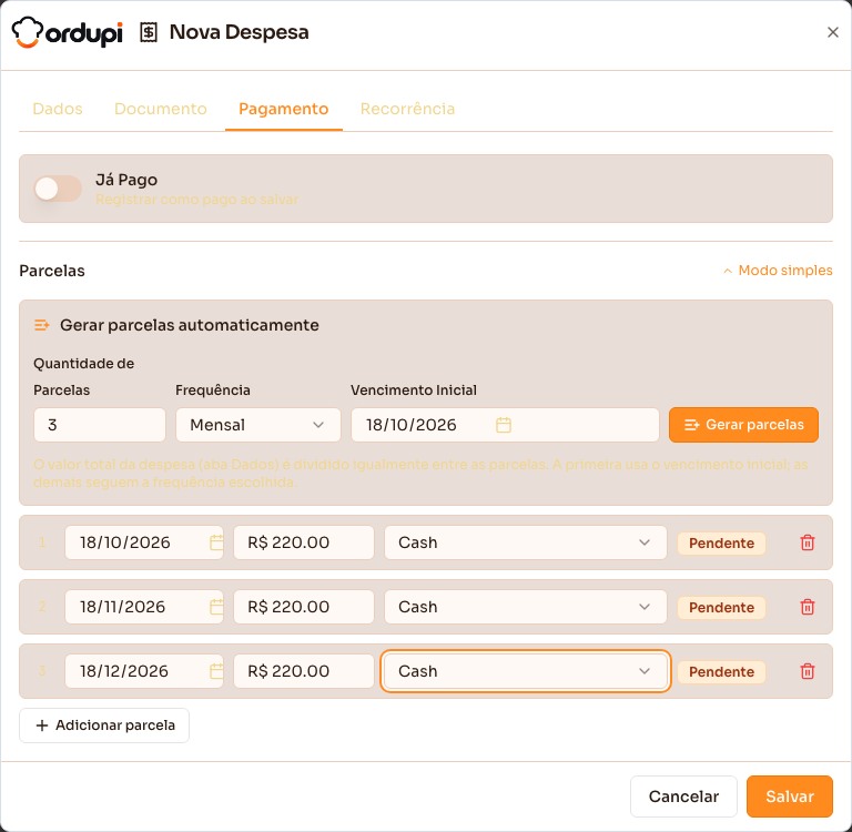 Parcelas geradas automaticamente, uma por mês