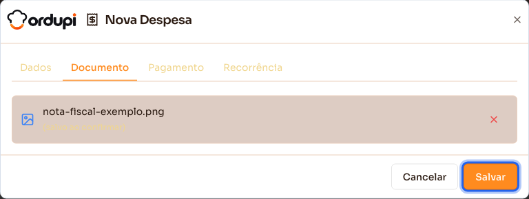 Documento selecionado, pronto para salvar junto com a despesa