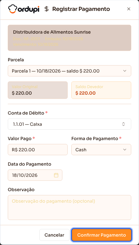Diálogo de pagamento de uma parcela, com a conta de débito escolhida
