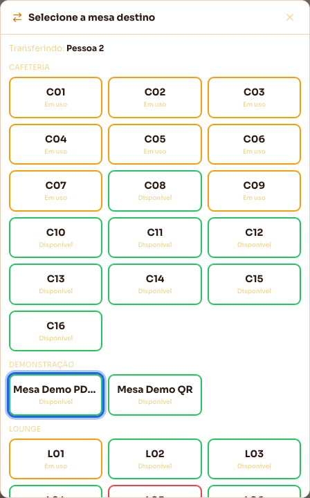 Transferir um grupo para outra mesa: escolha da mesa de destino