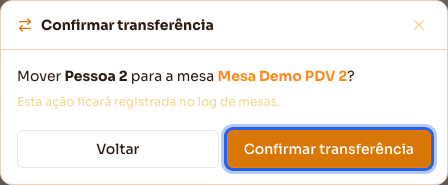 Confirmação da transferência para a Mesa Demo PDV 2