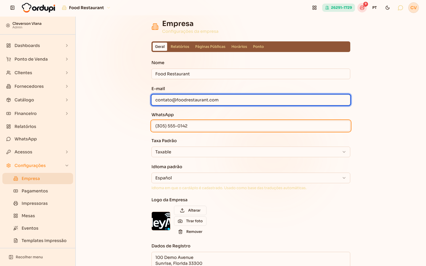 Campos de identificação da empresa preenchidos