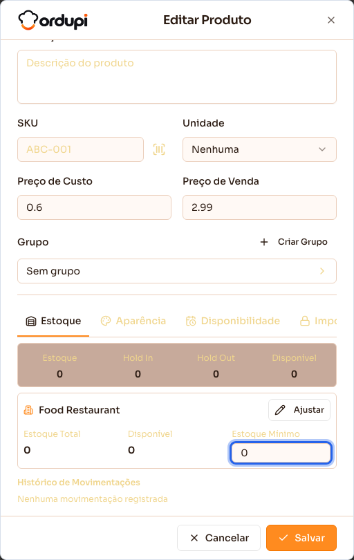 Aba Estoque do produto, com o campo Estoque Mínimo em destaque
