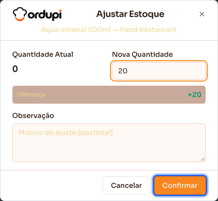Janela Ajustar Estoque, com a nova quantidade e a diferença calculada
