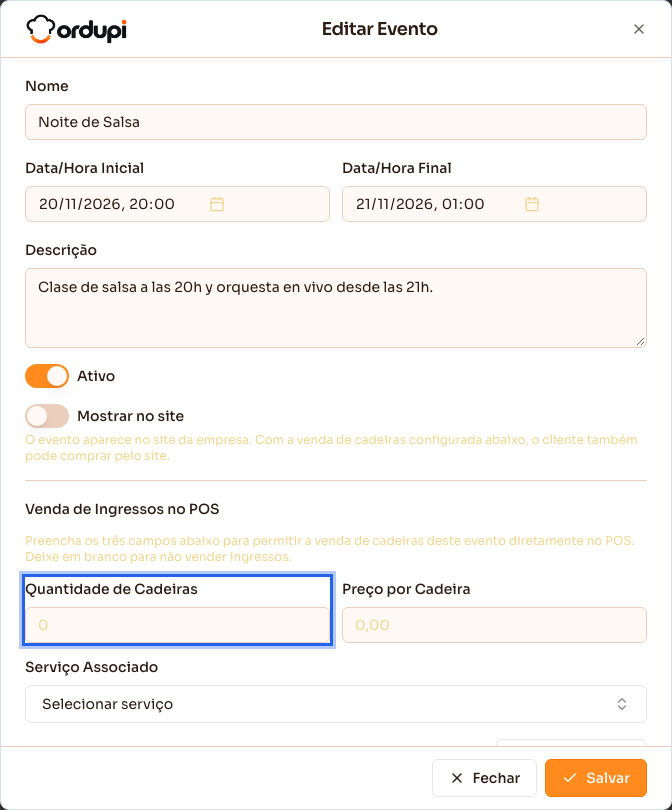 Dados do evento: nome, início e fim, descrição, site e venda de cadeiras