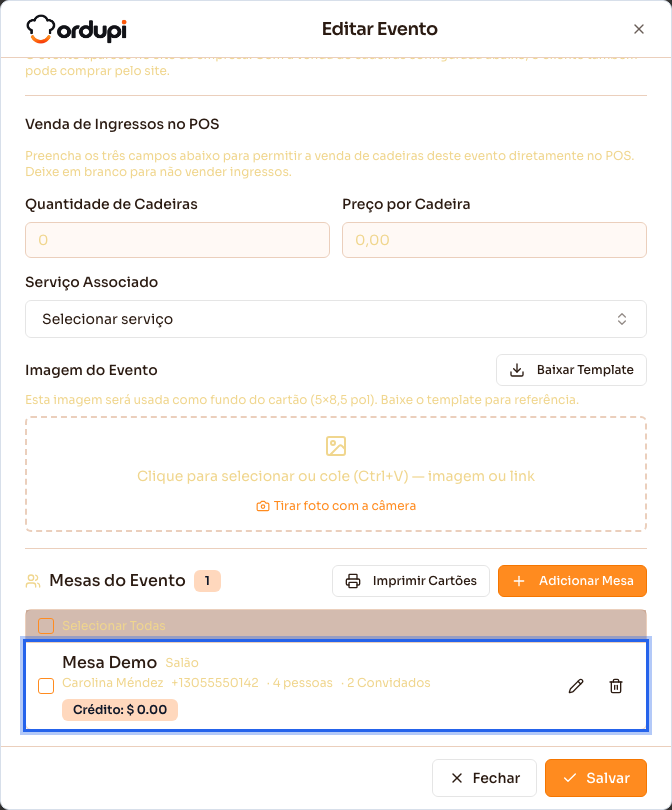 Mesas do evento, com a reserva da mesa, o cliente, as pessoas e os convidados