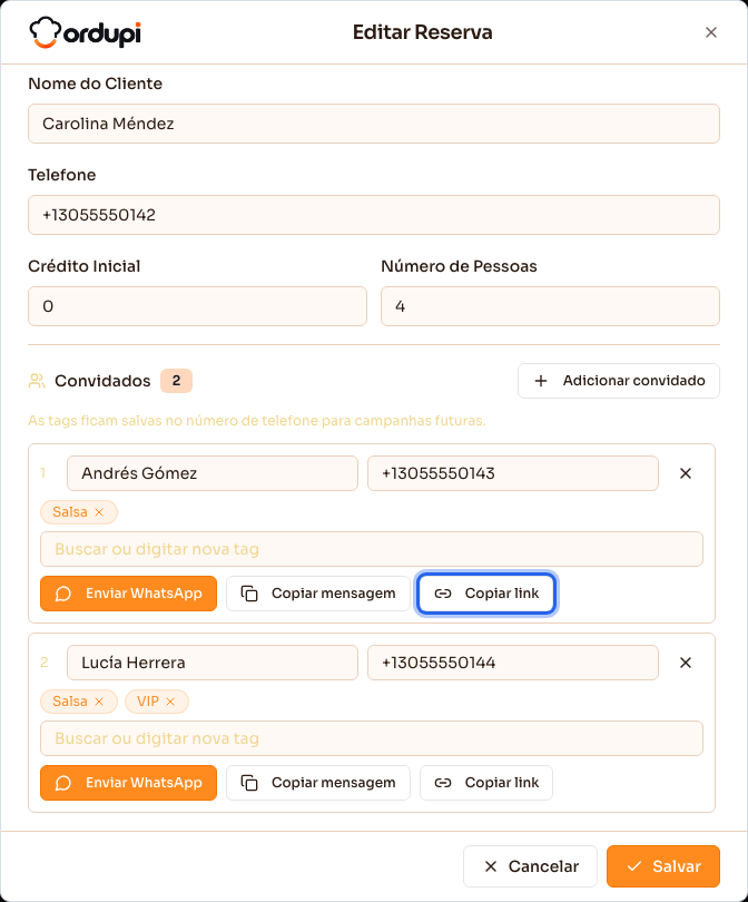 Reserva da mesa no evento, com os convidados e os botões de enviar e copiar o link de check-in