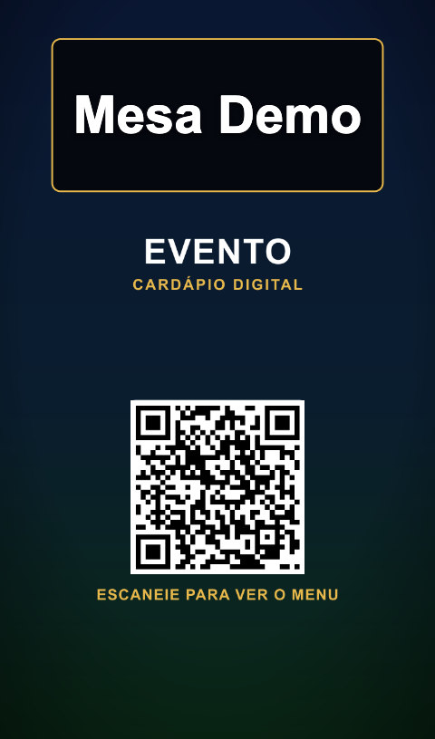 Cartão da mesa do evento, com o nome da mesa e o QR Code