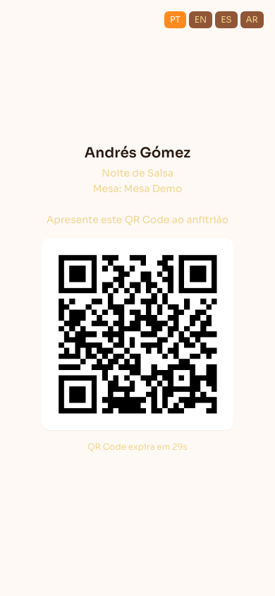 Página de check-in do convidado no celular, com o QR Code para mostrar na entrada