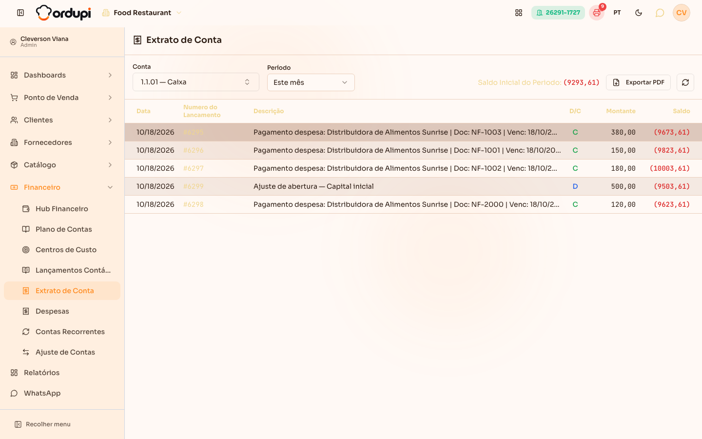 Extrato da conta Caixa, com o saldo corrido linha a linha