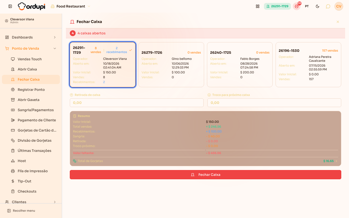 Fechar Caixa: os caixas abertos, com vendas e recebimentos de cada um