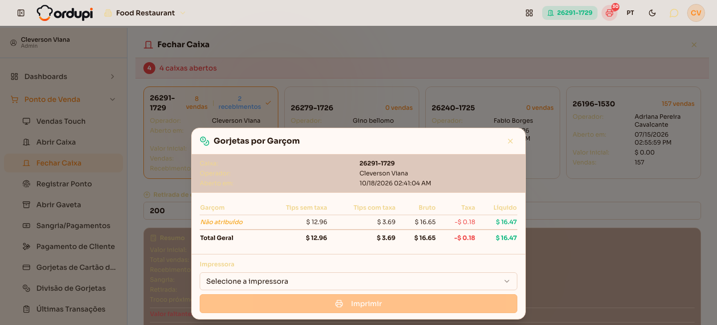 Gorjetas por garçom do caixa, com opção de imprimir