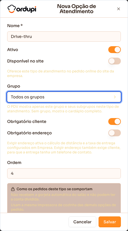 Cadastro de uma forma de atendimento nova, com cliente obrigatório