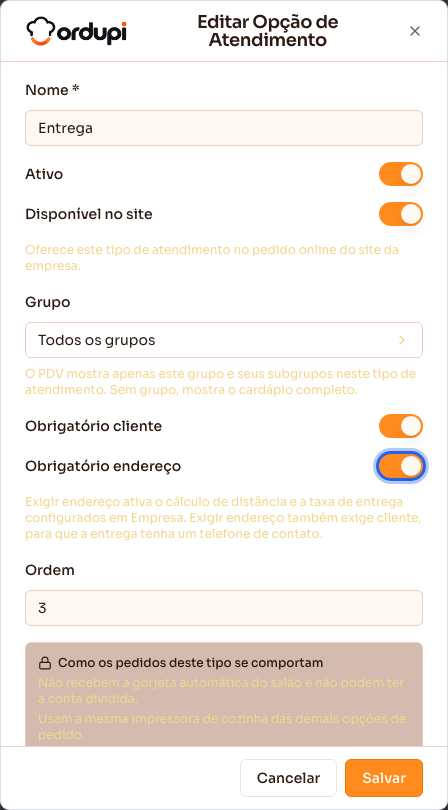 Forma de atendimento Entrega, com cliente e endereço obrigatórios e oferecida no site