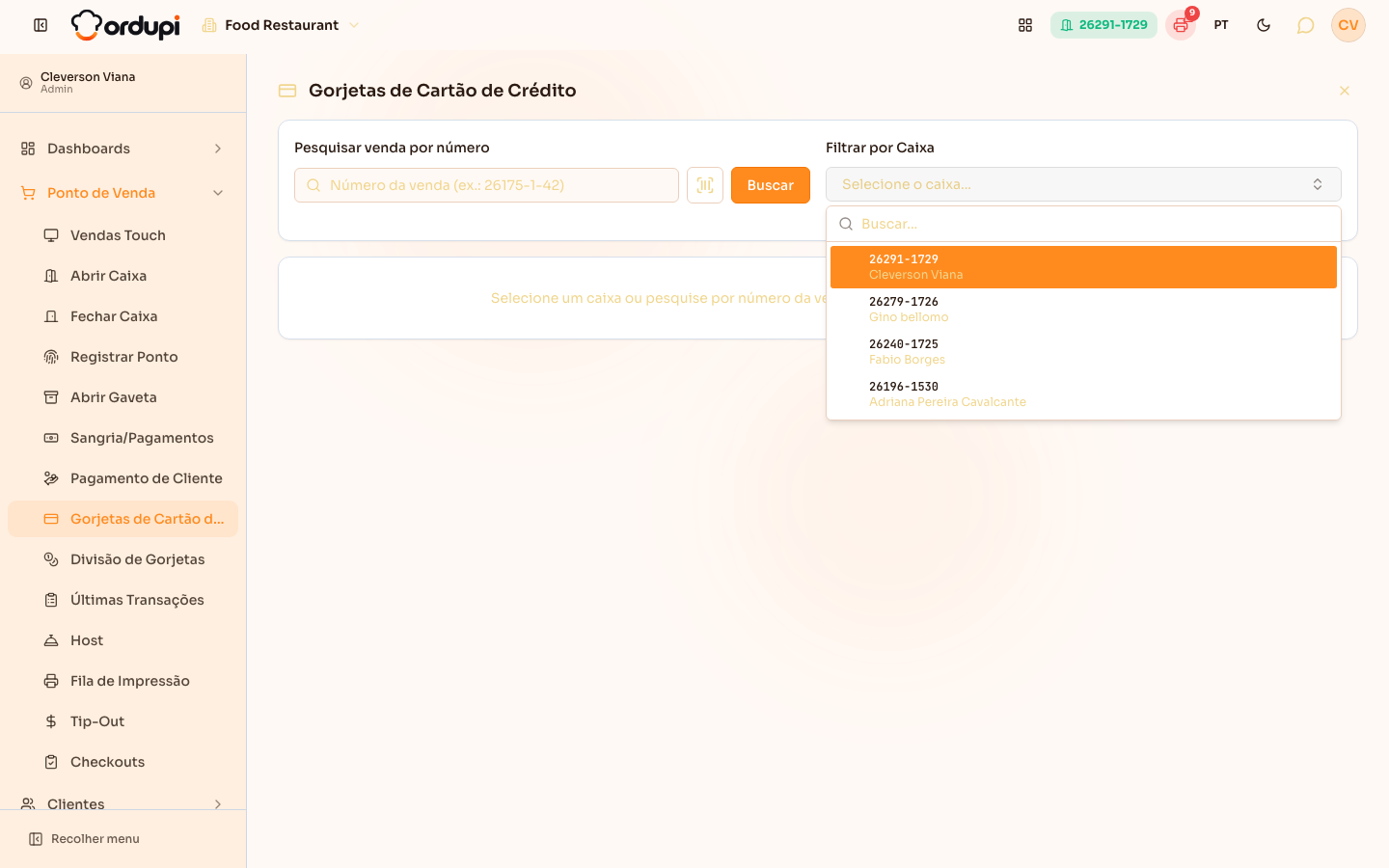 Tela Gorjetas de Cartão de Crédito com a lista de caixas abertos para escolher