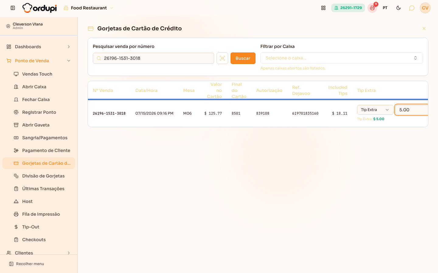 Gorjeta digitada na linha da venda, com o valor da gorjeta extra calculado logo abaixo