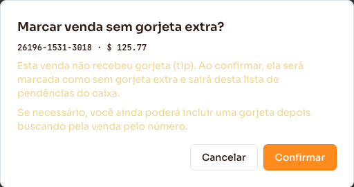 Confirmação Marcar venda sem gorjeta extra, com o número e o valor da venda