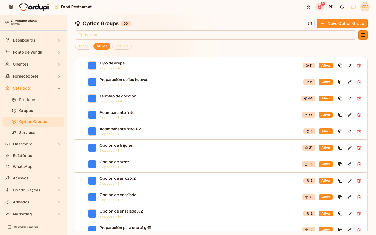 Lista de option groups com a quantidade de opções e o mínimo e o máximo de escolhas