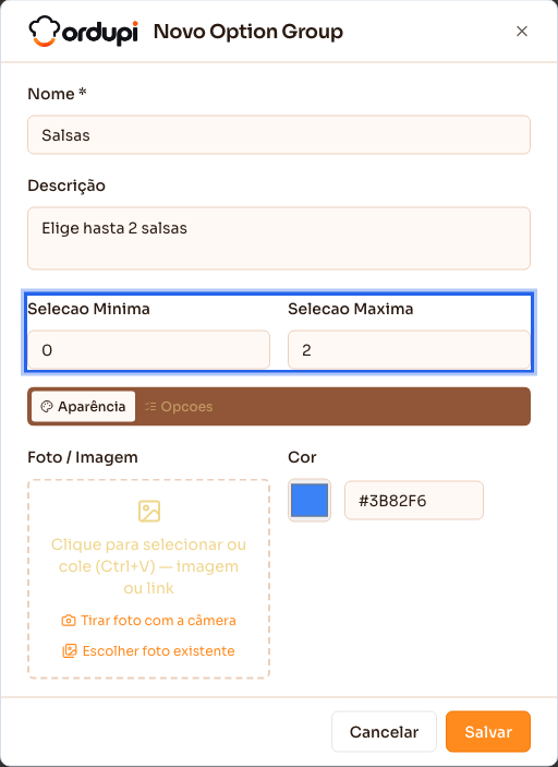 Cadastro de um option group novo, com seleção mínima e máxima