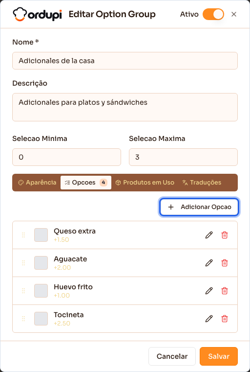 Aba Opções de um option group salvo, com os adicionais e o preço de cada um
