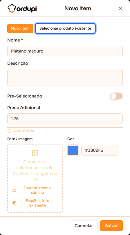Item novo do option group, com nome e preço adicional preenchidos