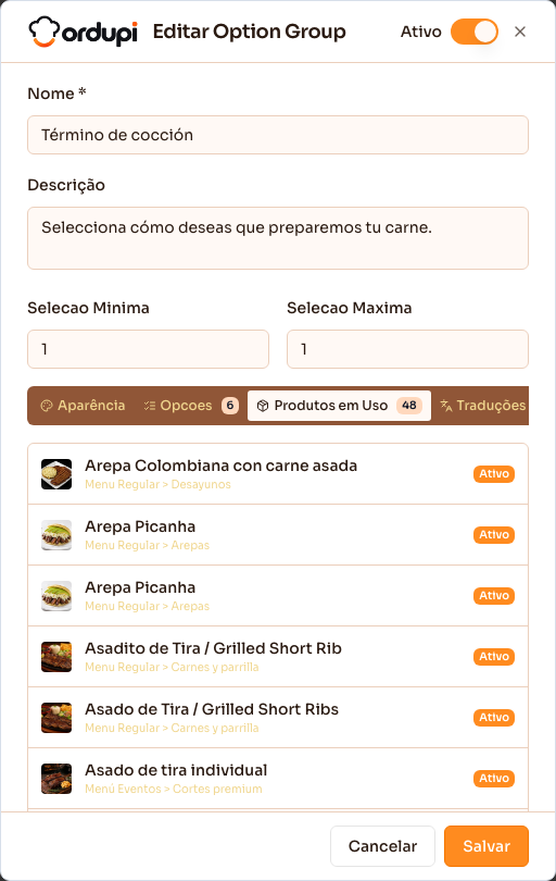 Aba Produtos em Uso, com os pratos que usam o option group