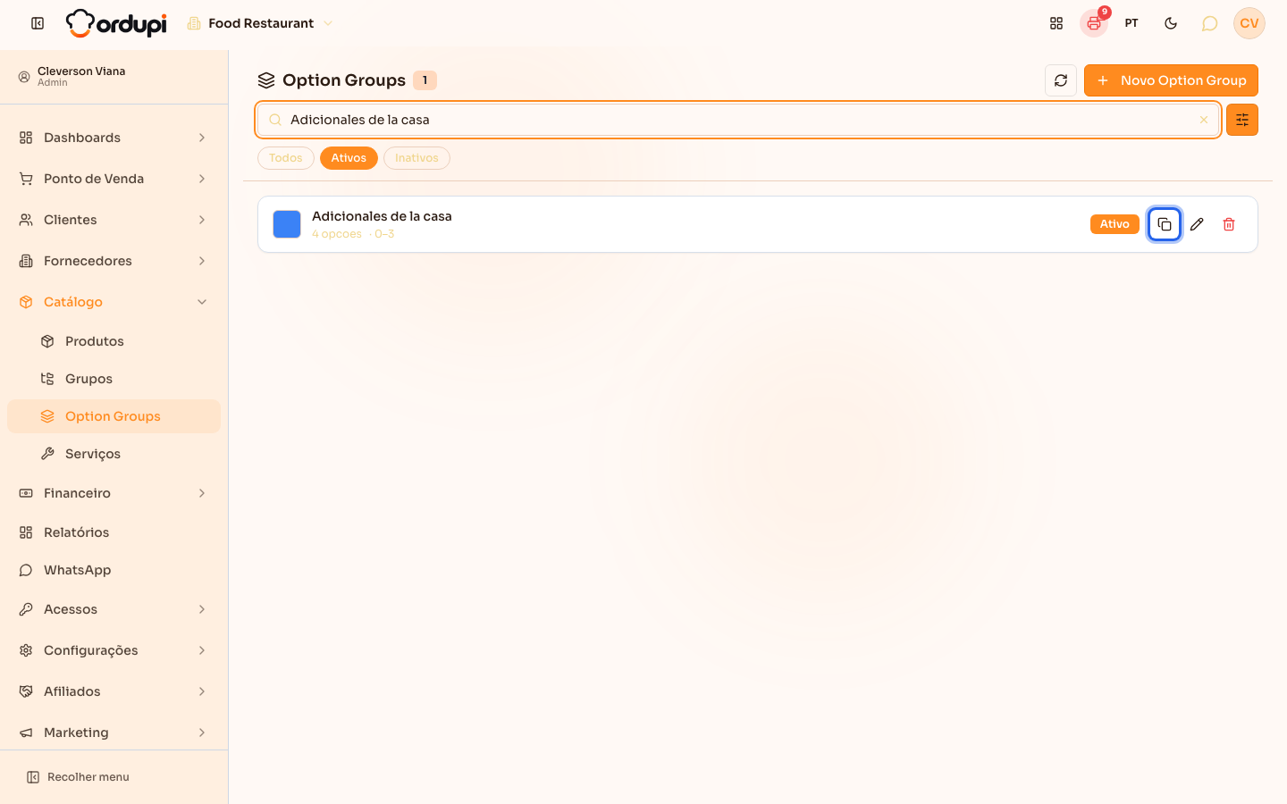 Botão de clonar um option group na lista
