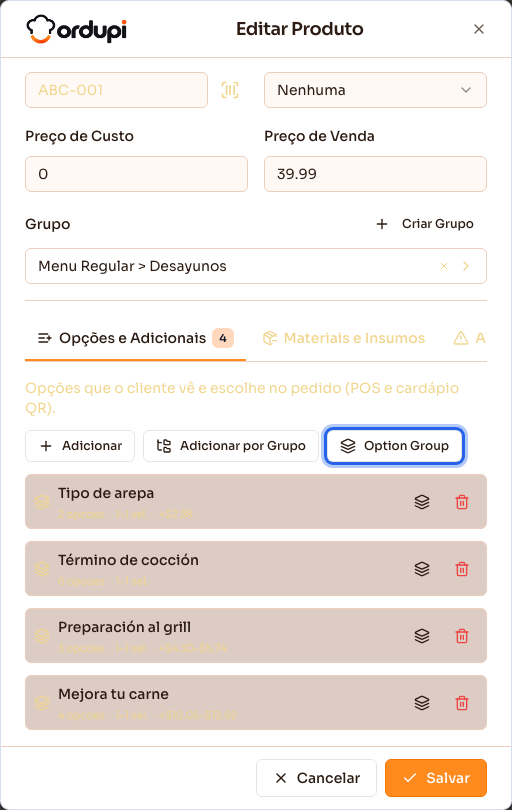 Aba Opções e Adicionais de um prato, com o option group vinculado